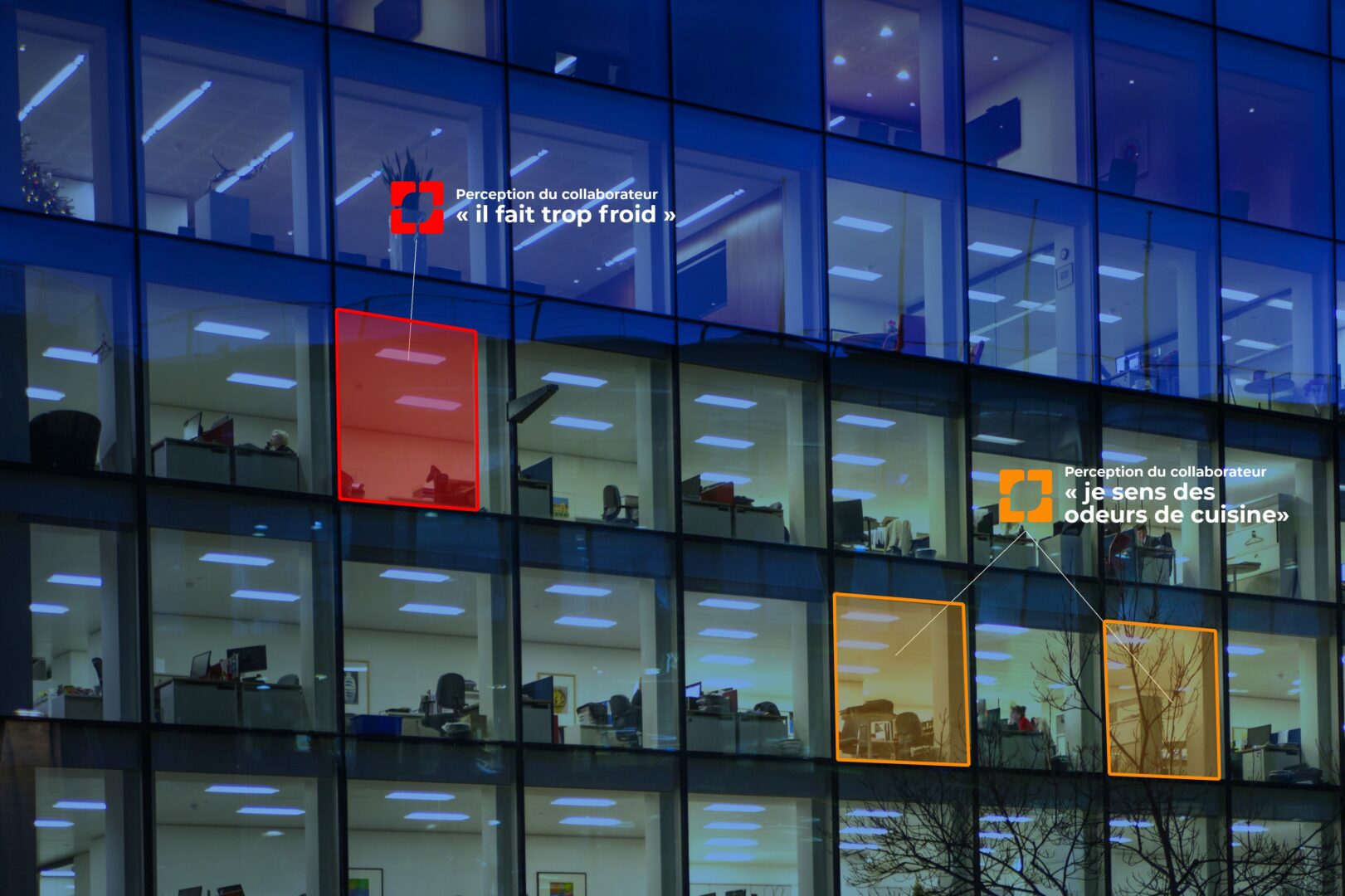 Bâtiment moderne avec texte et images sur les fenêtres