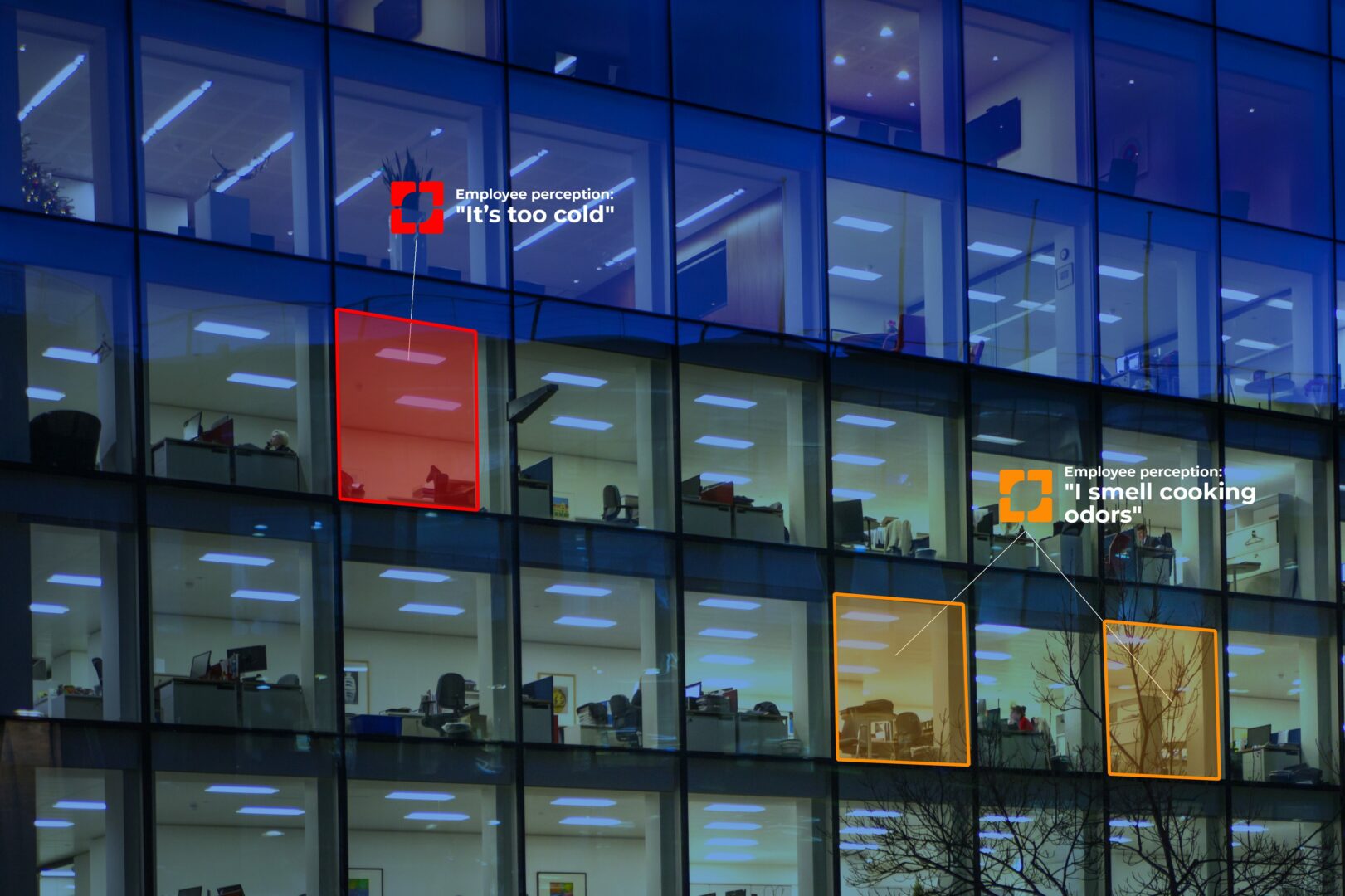 Bureau moderne avec employés, perception des employés sur le froid et les odeurs de cuisine.