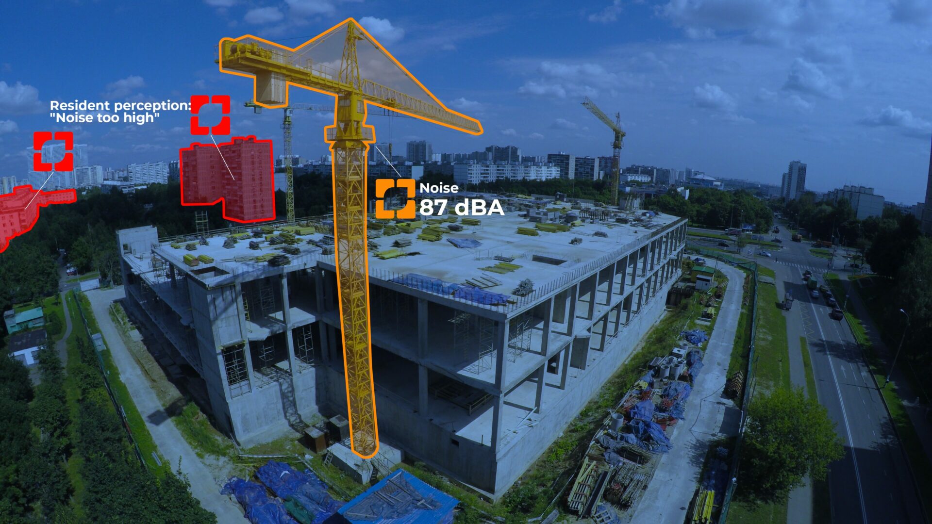 Construction, grue, bruit, perception résidentielle, niveau sonore