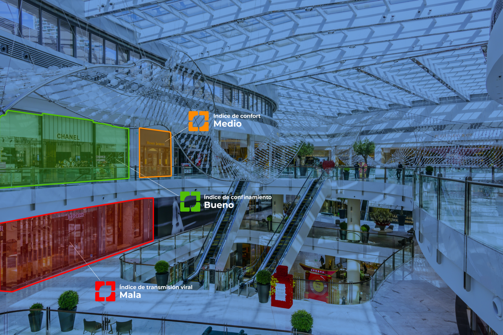 Mall interior avec escalators et boutiques