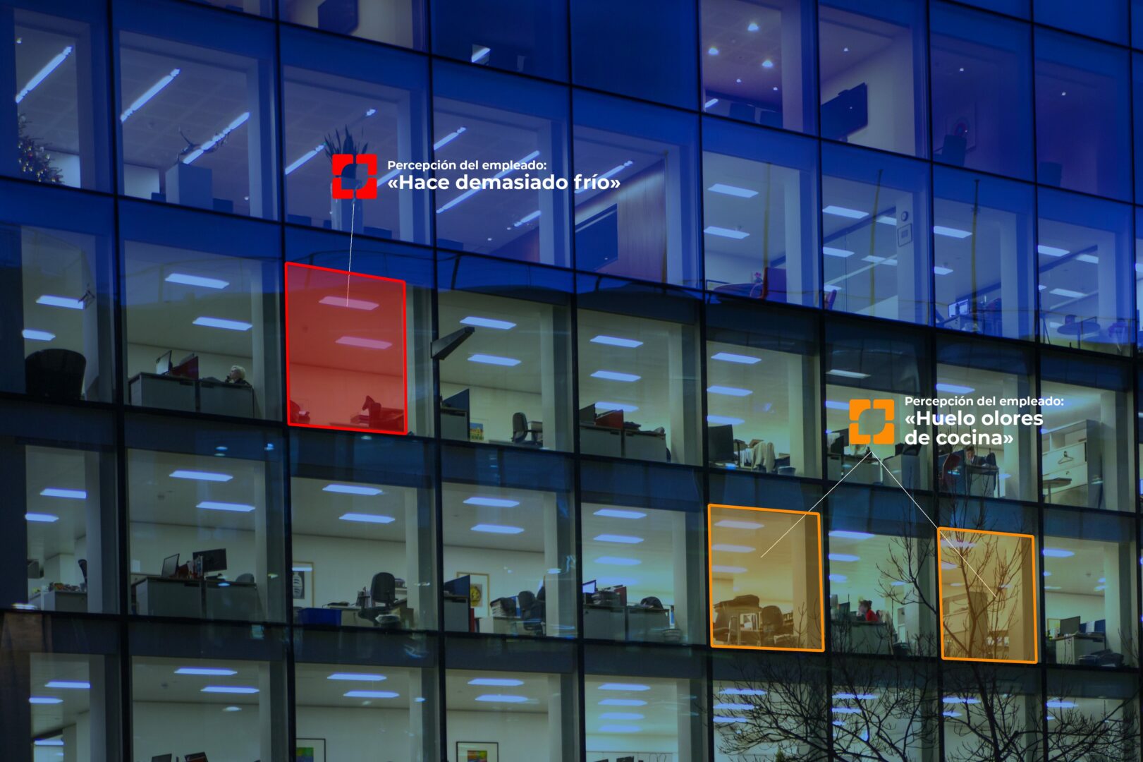 Bureau moderne avec employés au travail, signalisation de sécurité.