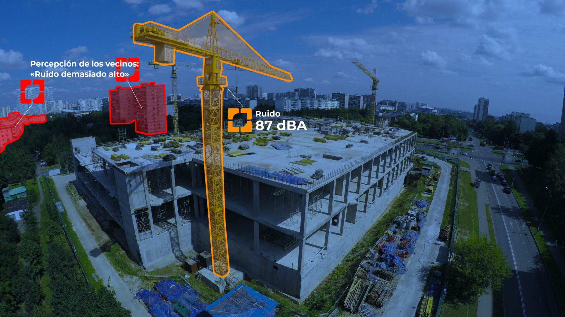 Construction avec grue, bruit 87 dBA, perception des voisins