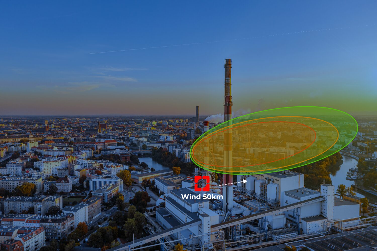 Usine d’incinération Ellona avec visualisation de dispersion du vent 50 km